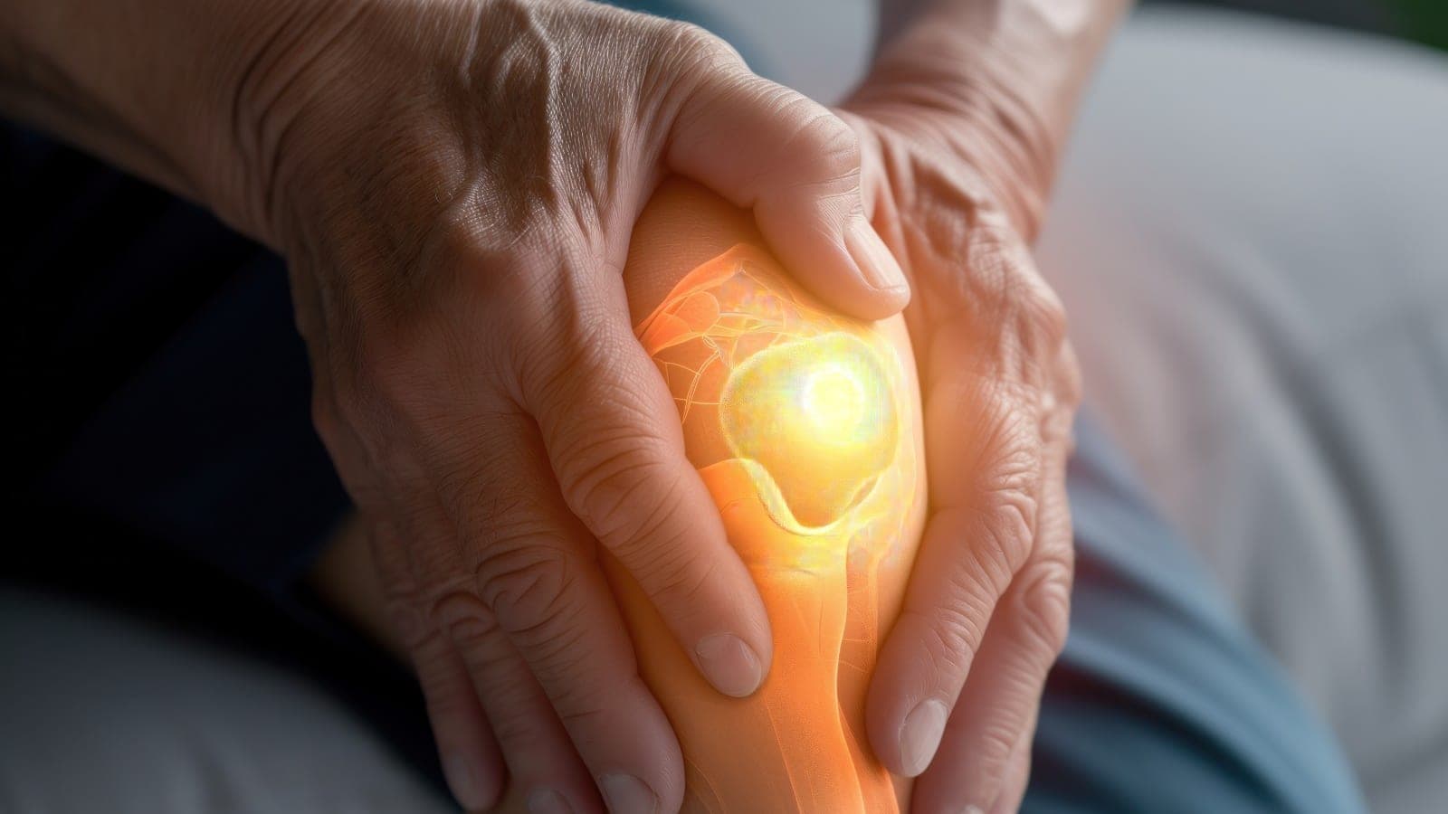 Pessoa segurando o joelho com a articulação destacada em luz, ilustrando a osteoartrite