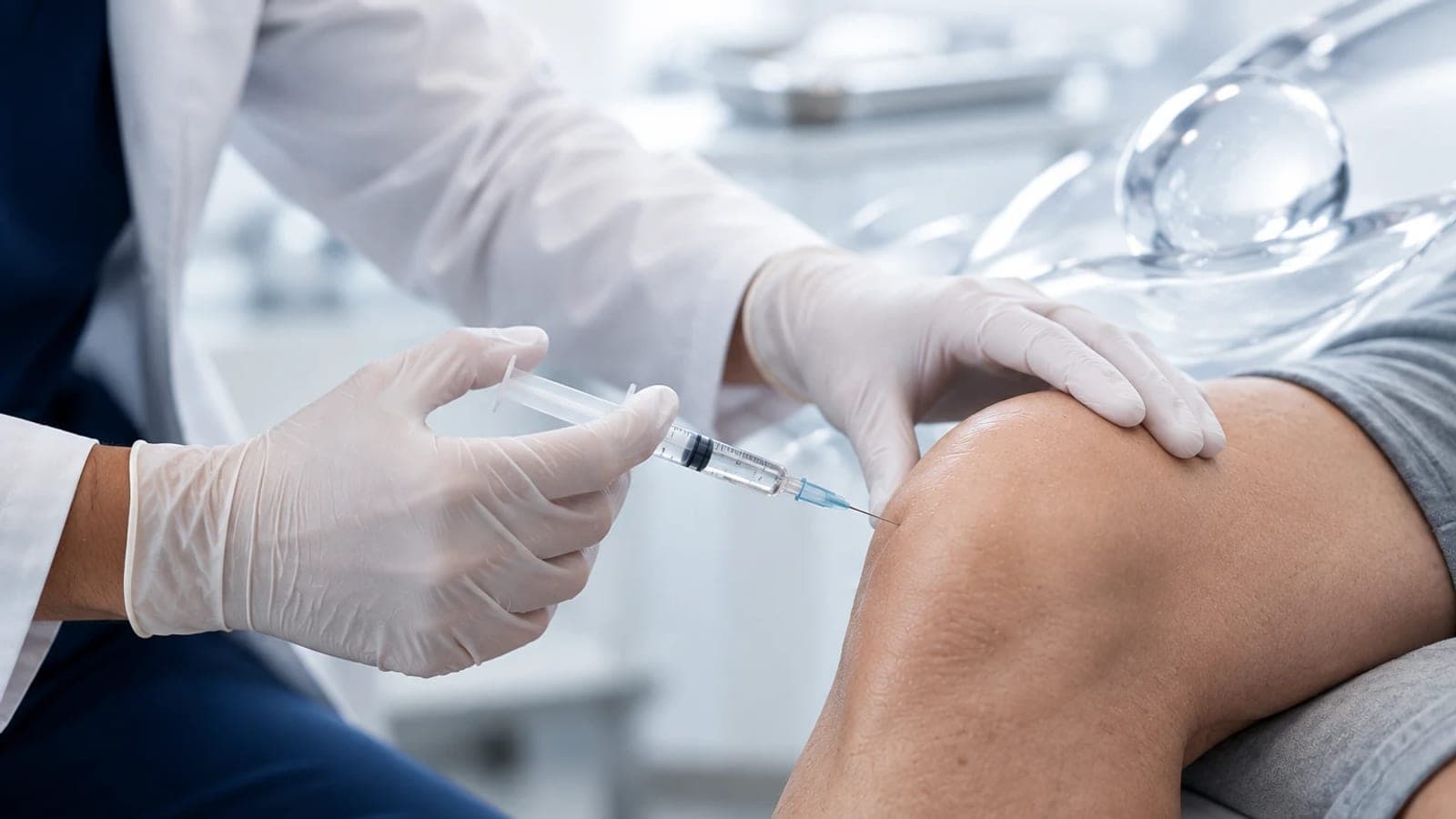 Physician wearing gloves giving an injection into a patient's knee