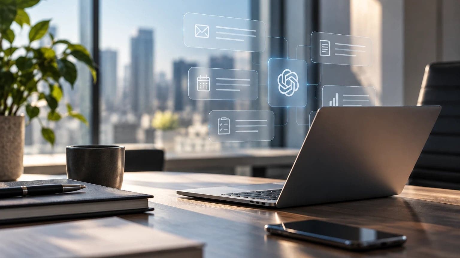 Laptop on an office desk with a city view and email, calendar, document and task icons projected above it